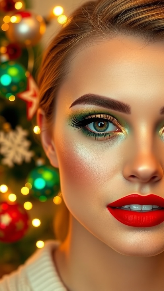 Festive Christmas makeup for hazel eyes with green and gold eyeshadow, red lipstick, and holiday decorations.